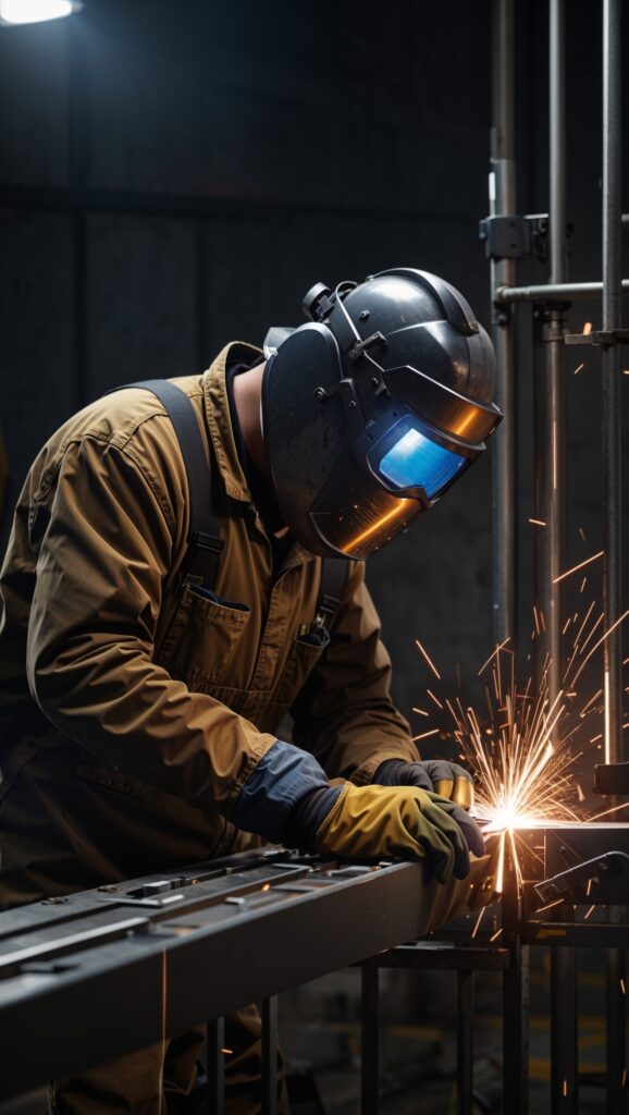 Lasser die een metalen hek maakt